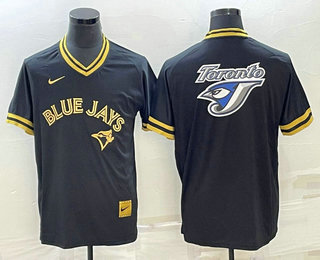 Men%27s Toronto Blue Jays Big Logo Black Gold Nike Cooperstown Legend V Neck Jersey->texas rangers->MLB Jersey